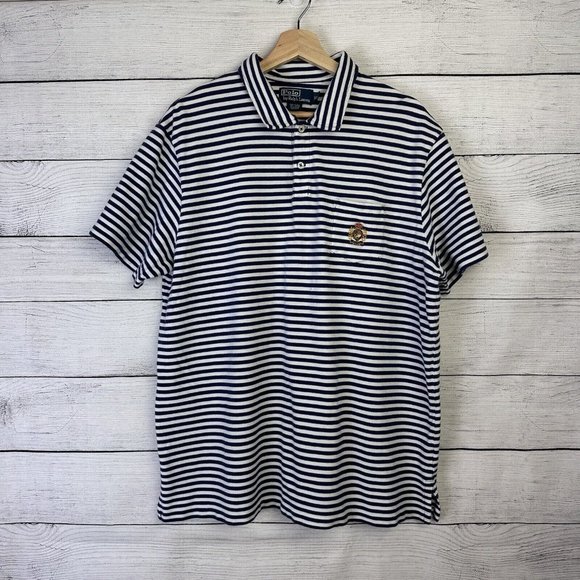 Vtg Polo Ralph Lauren Mens XXL Polo Crest Lisle Polo Shirt Navy Stripe - Picture 2 of 9